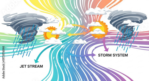 Scientific diagram of jet stream and storm system showing atmospheric weather patterns with wind currents and cloud formations for meteorological study