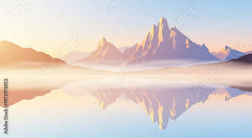 Breathtaking mountain landscape illustration with serene lake reflection under soft morning light and ethereal fog in peaceful wilderness environment