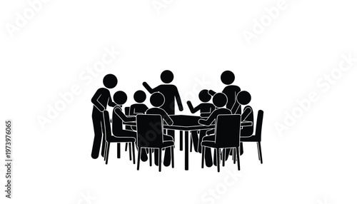 Diverse group of professional stick figures gathering together around a table for a collaborative business strategy meeting