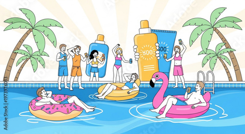 Crowd of people having summer pool party with large sunscreen bottles and inflatable floats under bright sun in stylized flat vector graphic design