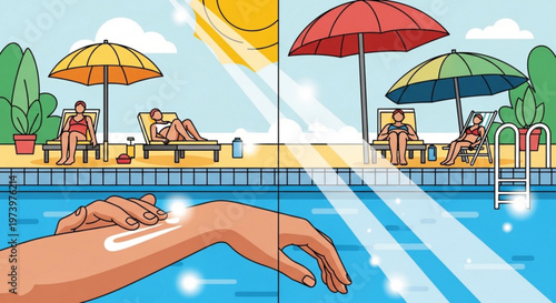 Application of sunscreen on skin by poolside with people relaxing under umbrellas in flat vector style