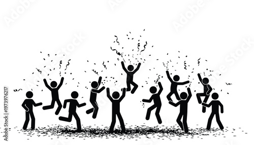 Black stick figures celebrating a joyous occasion with confetti falling around them in a dynamic vector illustration