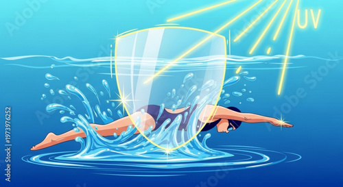 Swimmer protected by transparent shield against intense uv rays representing waterproof sunscreen efficiency in summer swimming pool activity concept