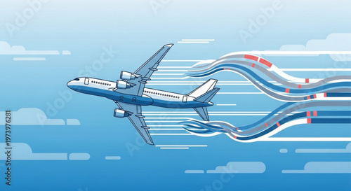 Commercial airplane flying through blue sky with stylized motion speed lines for travel industry and aviation transportation marketing illustration