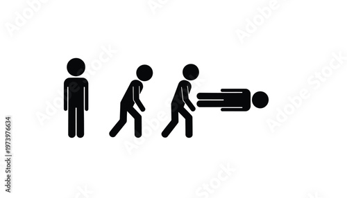 Black stick figures illustrating the evolution and progressive stages of a person falling into a horizontal position