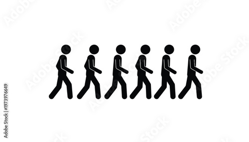 Several black stick figure icons walking in a single line formation against a plain white background area