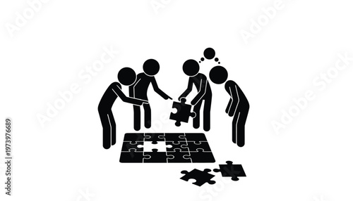 Four stick figures collaborating effectively to assemble a complex jigsaw puzzle, symbolizing teamwork and successful problem-solving together.