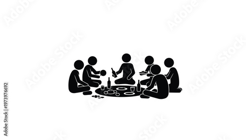 Diverse group of people sitting around a circular table sharing food and drinks during a social gathering