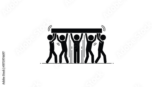 Five stick figures working together as a united group to lift a heavy rectangular block above heads