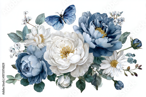 Blue and White Peony Flowers with Butterfly For Floral Concepts