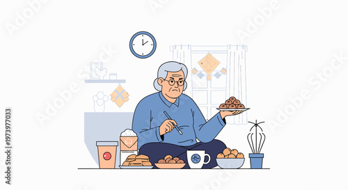 Senior man enjoying pastries at table with coffee.