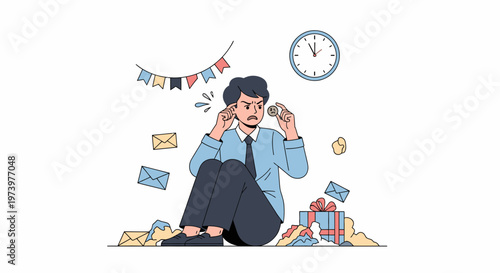 Stressed business man overwhelmed by deadlines and chaos.