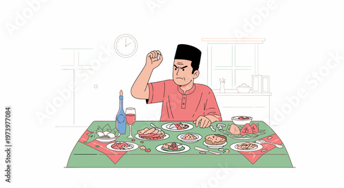 Smiling man seated at table with assorted dishes.