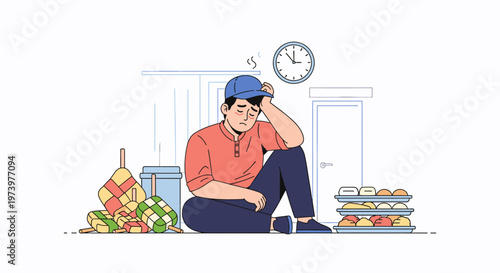 Stressed shopper seated among groceries expressing exhaustion.