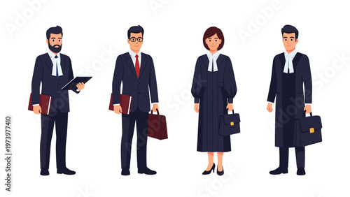 Professional Legal Team Illustration. Group of Lawyers, Attorneys, and Barristers in Formal Attire with Briefcases