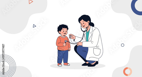 Pediatrician examining a child with a stethoscope, healthcare concept illustration