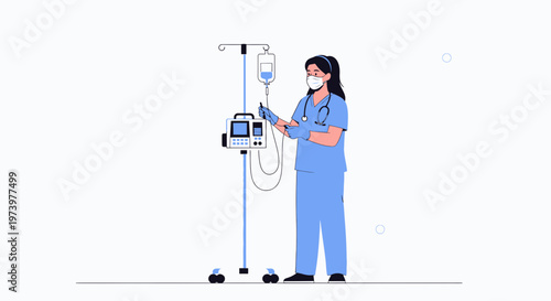 Nurse Administering IV Drip with Infusion Pump and Bag