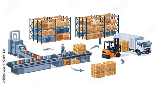 Isometric vector art depicts a modern supply chain, showcasing workers overseeing the movement of packaged goods from a factory conveyor belt to a forklift and delivery truck