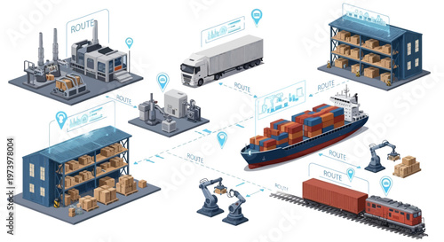 Isometric vector illustration displaying the complete supply chain manufacturing logistics with factories, warehouses, a cargo ship, trucks, and trains connected by dotted lines on a clean