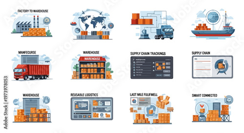 A set of vector illustrations depicts various stages of industry supply chain manufacturing logistics, including factory production, global distribution, warehouse inventory, and last-mile