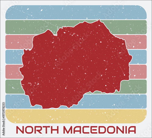North Macedonia vintage logo. Shape of the country on retro colored stripes background. North Macedonia map design with grunge scratch texture. Vector illustration.