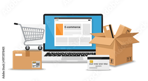 Online shopping experience with laptop and cardboard boxes nearby