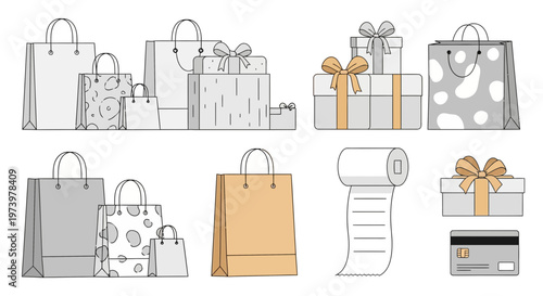 Various shopping elements including bags and gifts are arranged neatly.