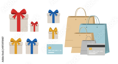 Vector illustration of shopping accessories including gift boxes and bags