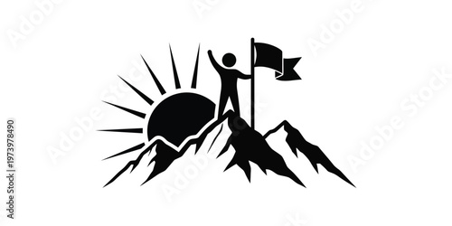 Silhouette of a person celebrating victory atop a mountain peak