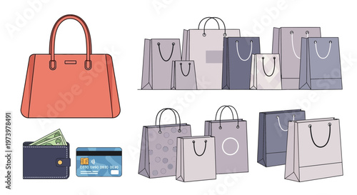 Ecommerce delivery shopping bags and wallet with cash and credit card