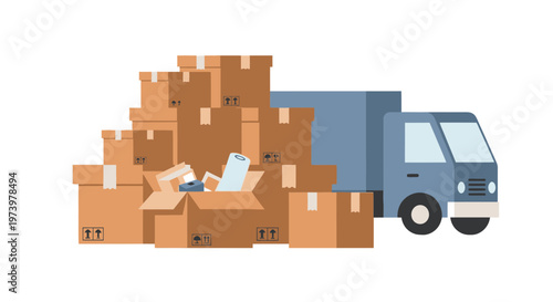 A delivery truck unloads cardboard boxes in a warehouse loading area