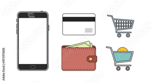 Vector illustration of shopping package and icons including phone, credit card, wallet, and carts.