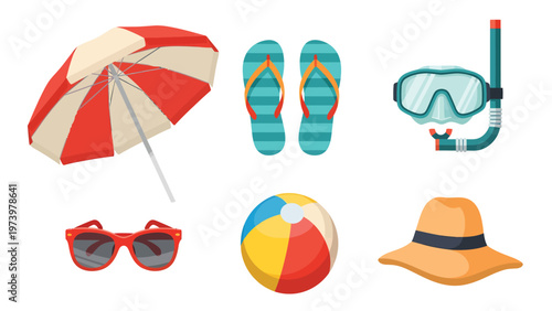 Flat Illustration Set of Summer Beach Vacation Essentials: Umbrella, Flip-flops, Snorkel, Sunglasses, Beach Ball, Hat