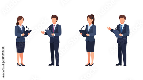 Diverse Business Professionals Presenting at Podiums. Public Speaking & Conference Communication.