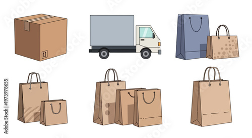 Vector illustration of online shopping with delivery truck and various bags