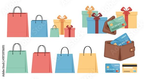 People shopping online with colorful shopping bags and gift boxes