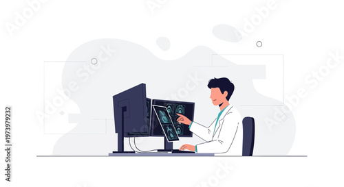 Doctor Analyzing Medical Scans on Computer Screen