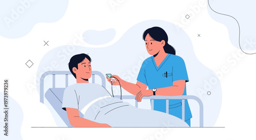 Nurse checks patient's vital signs in hospital bed, medical care illustration