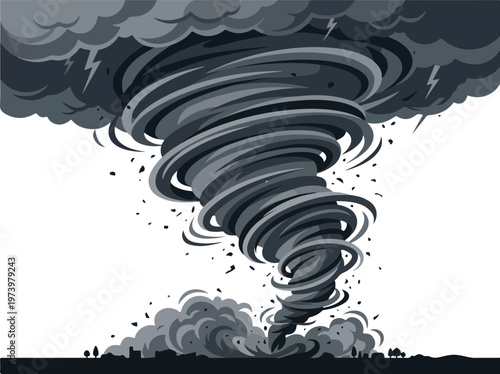 Powerful tornado storm depicted in illustration, showing destruction and dark clouds