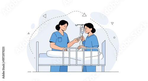 Nurse Adjusting IV Drip for Patient in Hospital Bed, Healthcare Illustration