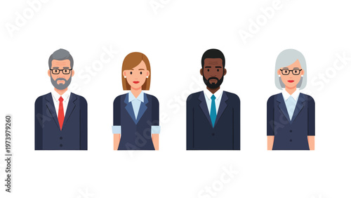 Diverse Business Team Avatars. Professional Male and Female Characters Representing Age and Ethnicity on White.