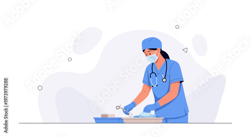 Nurse in blue uniform preparing medical instruments for surgery, sterile procedure