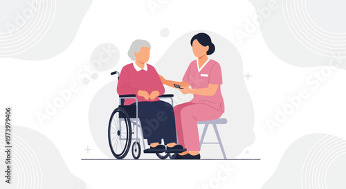 Caring nurse assisting elderly woman in wheelchair, healthcare, support, compassion