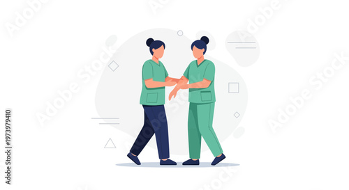 Two nurses in scrubs helping each other, teamwork in healthcare, medical support