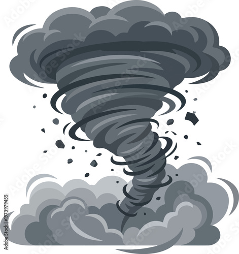Powerful tornado illustration with swirling debris and dark clouds, conveying destructive natural force and stormy weather phenomena
