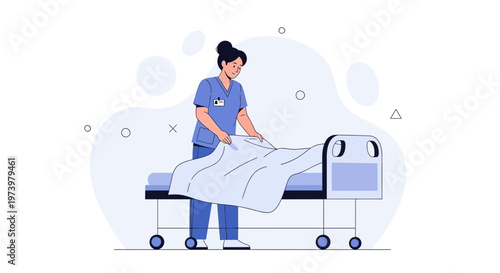 Nurse Making Hospital Bed with Clean White Sheet - Medical Care Illustration