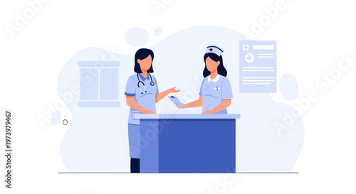 Nurses at reception desk discussing medical chart, flat illustration