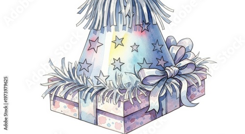 Decorative party hat with stars rests atop a colorful wrapped gift box.