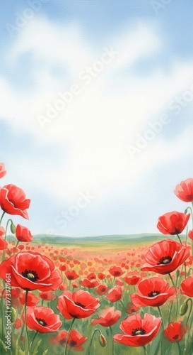 Bright red poppies bloom across a lush meadow under a soft sky.