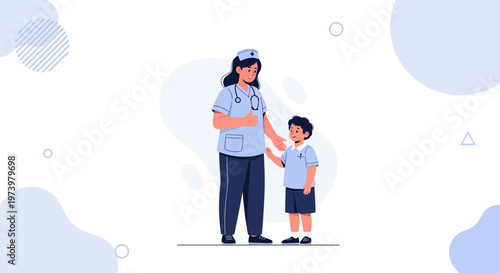 Nurse with stethoscope comforting a young boy, healthcare concept illustration